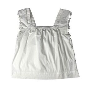 J Crew White Square Neck Pom Pom Trim Sleeveless Blouse Top Women Size 8